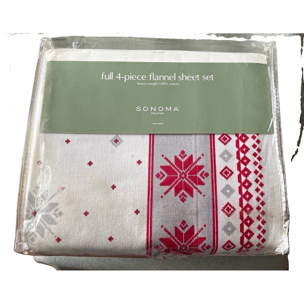 Sonoma Full 4-Piece Flannel Sheet Set 100% Cotton Red Gray Snowflake Holiday